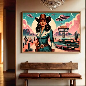 Eclectic Southwestern Decor, Pink Sci-Fi Cowgirl Desert Alien Wall Art, Vintage Retro Cowboy Art Boho Modern Home Art, Texas 1950s Print image 10