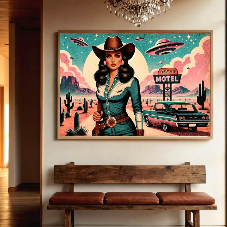 Eclectic Southwestern Decor, Pink Sci-Fi Cowgirl Desert Alien Wall Art, Vintage Retro Cowboy Art Boho Modern Home Art, Texas 1950s Print image 10