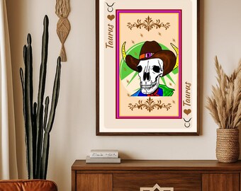 Taurus Zodiac Wall Art Western Style Illustration Astrology Print Boho Cowboy Cowgirl Decor Gift for Him Her Birthday Horoscope Sign Poster