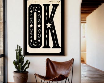 Oklahoma State Code Vintage Typography, OK Wall Art Print, Retro State Pride Poster, Rustic State Art, Entryway Room Decor