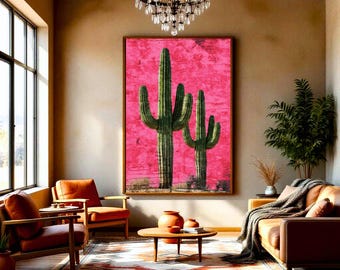 Desert Landscape Pink Cactus Wall Art Rustic Vintage Print Decor Southwestern Boho Poster Distressed Botanical Western Home Aesthetic Gift