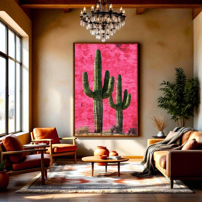Desert Landscape Pink Cactus Wall Art Rustic Vintage Print Decor ...