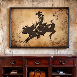 Rustic Cowboy Bull Rider Wall Art, Vintage Western Print, Farmhouse Rodeo Poster, Country Home Ranch Office Man Cave decor