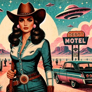 Eclectic Southwestern Decor, Pink Sci-Fi Cowgirl Desert Alien Wall Art, Vintage Retro Cowboy Art Boho Modern Home Art, Texas 1950s Print image 16