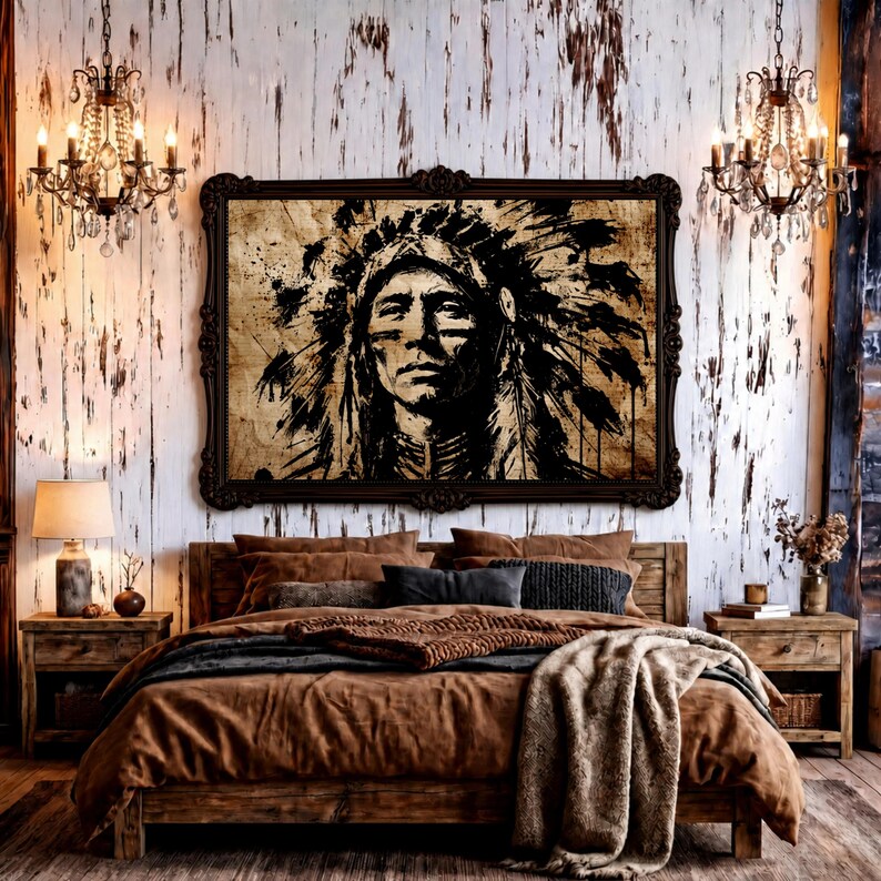 May include: A rectangular wall art piece featuring a black ink illustration of a person wearing a traditional feathered headdress, set within a dark ornate frame. The artwork displays a high-contrast, weathered aesthetic on a light wood background.