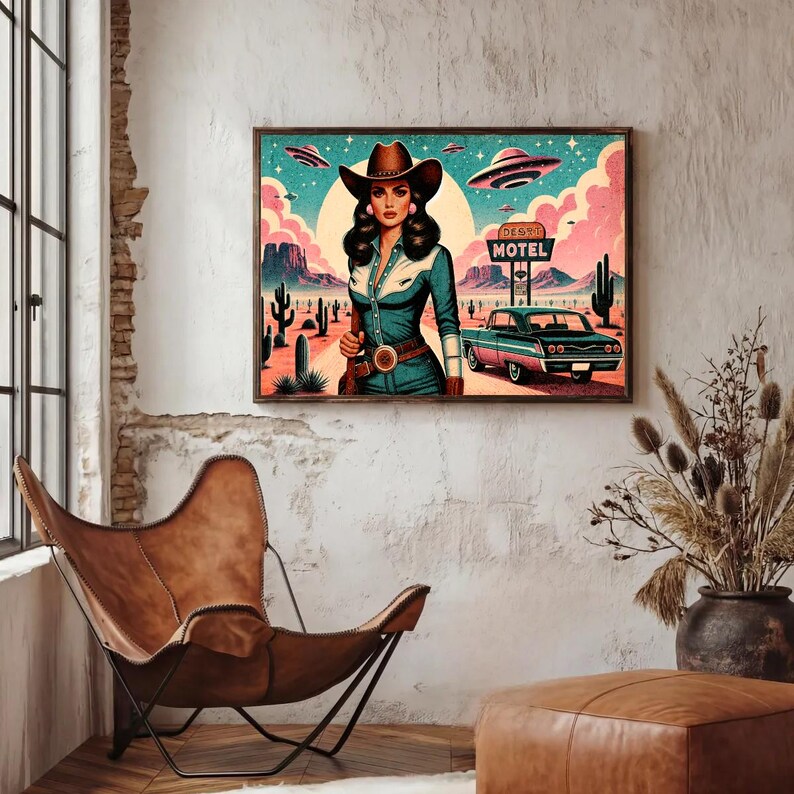 Eclectic Southwestern Decor, Pink Sci-Fi Cowgirl Desert Alien Wall Art, Vintage Retro Cowboy Art Boho Modern Home Art, Texas 1950s Print image 14