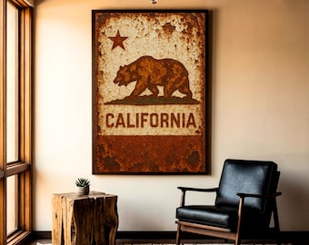 California Bear Flag Wall Art, Golden State Poster, Rustic Distressed CA Decor, California Republic Print, Bear Flag Art, California Gift