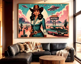 Eclectic Southwestern Decor, MATTE print, Pink Sci-Fi Cowgirl Desert Alien Wall Art, Vintage Retro Western Cowboy Art,  Texas 1950s Print