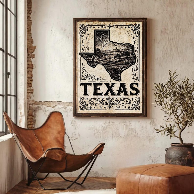 Texas Rustic Decor Texas State Art Print | Rustic Vintage Poster | Texas Wall Art, Ranch ...