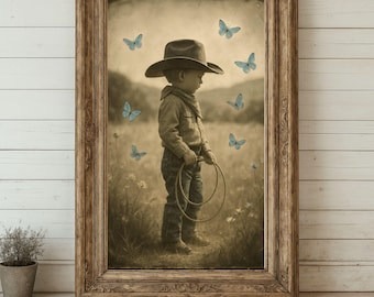 Boy Cowboy Nursery Print, Western Butterfly Wall Art, Kids Room Decor Poster, Sepia Ranch Theme, Baby Shower Gift, Blue Nursery Art