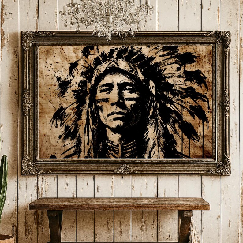 May include: A framed wall art piece featuring a high-contrast black ink illustration of a person wearing a traditional feathered headdress. The artwork is rendered in a sketch style on a textured, light brown background and encased in a dark frame.