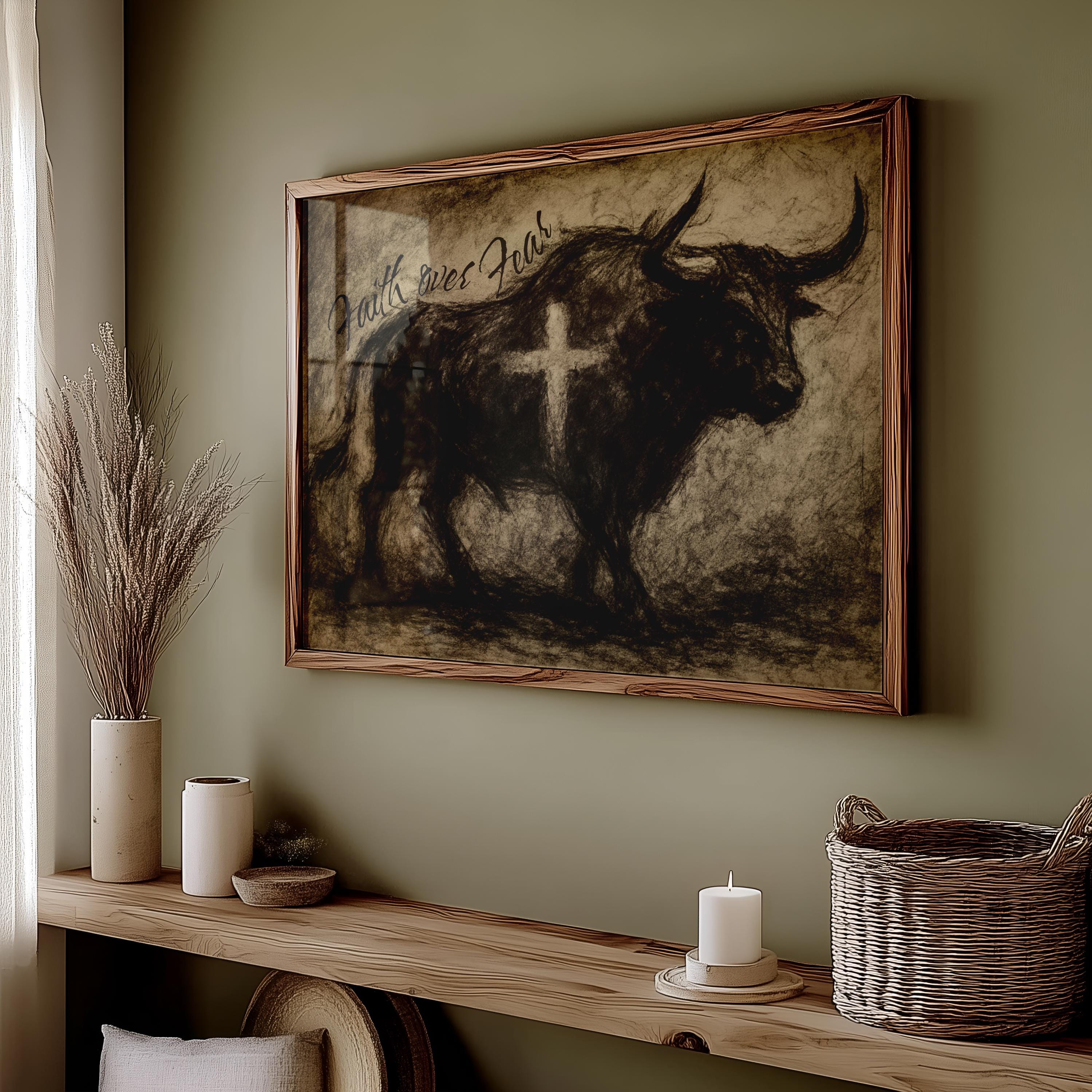 Bull Scripture Faith Over Fear Print, Christian Print, Scripture Illustration Wall Art ...
