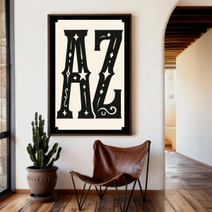 AZ Vintage Typography, Arizona Wall Art Print, Retro Cowboy Cowgirl Arizona Pride Poster, Rustic State Art, Ranch Room Decor