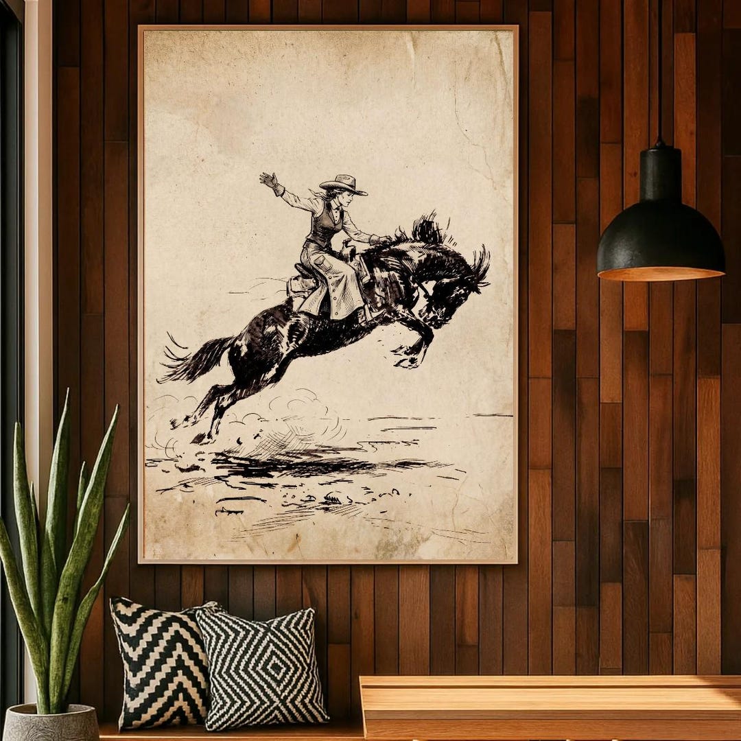 Vintage Cowgirl Rodeo Print, Bucking Bronco Horse Rider Poster, Western ...