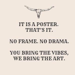 May include: A poster with a steer skull illustration at the top. The text reads: "IT IS A POSTER. THAT'S IT. NO FRAME. NO DRAMA. YOU BRING THE VIBES, WE BRING THE ART."