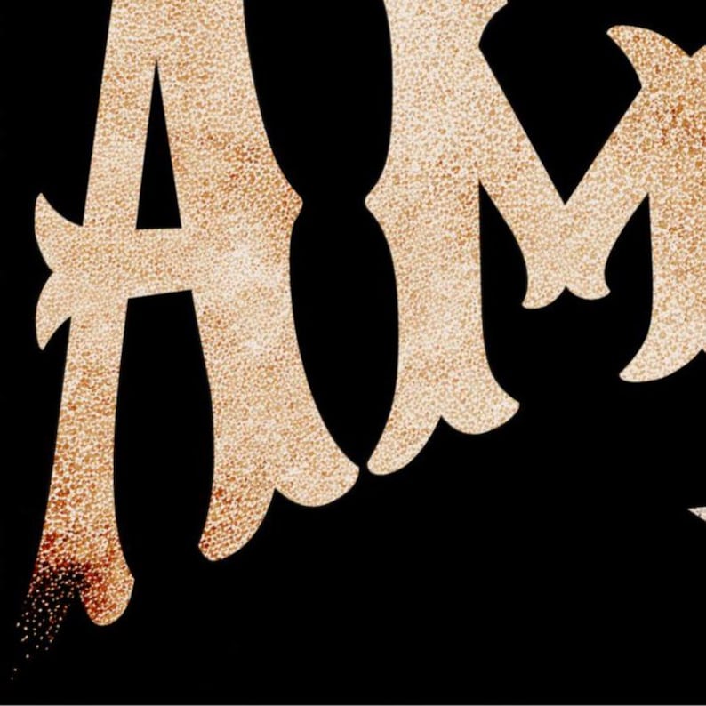 May include: Close-up of the letters "AM" in a gold glitter font against a black background. The letters have a textured, speckled appearance, with a slight gradient of color.