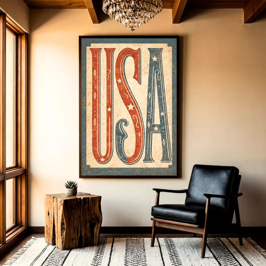 USA Print Vintage | Patriotic Wall Art | Retro American Flag Decor ...