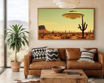 May include: A living room with a brown leather sofa, wooden coffee table, and a framed landscape art piece depicting a desert scene with a UFO. Decorative pillows and a cowhide rug add texture. A potted plant and a chandelier complete the space.