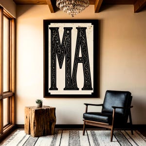 Massachusetts State Code Typography Print, Massachusetts Wall Art, Retro State Pride Poster, Rustic State Art, Letters MA