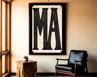 Massachusetts State Code Typography Print, Massachusetts Wall Art, Retro State Pride Poster, Rustic State Art, Letters MA