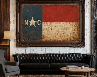 May include: A rectangular wall art piece featuring the North Carolina state flag with a distressed, weathered texture. The design includes a blue vertical bar with a white star and the letters N and C, alongside red and white horizontal stripes.