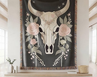 Longhorn Skull Woven Blanket Southwest Black Throw for Home Decor, Cow Print Bedspread, Rodeo Room Accent, Rustic Cabin, Couch Cover