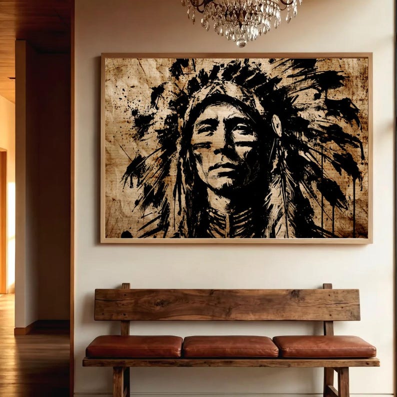May include: A rectangular wall art print featuring a high-contrast black ink illustration of a person wearing a traditional feathered headdress. The artwork is rendered in a distressed, textured style on a light beige background with visible ink splatters.