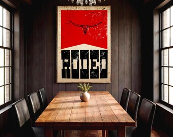 Rodeo Poster, Longhorn Western Wall Art, Rustic Red Typography Print, Southwest Home Decor, Ranch Gift, Wild West Art