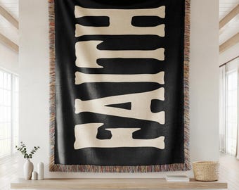 Christian Faith Woven Blanket, Religious Home Decor, Black White Warm Throw Gifts for Her, Baptism Communion Gifts for Him Bible verse