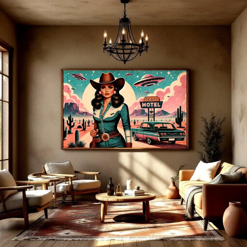 Eclectic Southwestern Decor, Pink Sci-Fi Cowgirl Desert Alien Wall Art, Vintage Retro Cowboy Art Boho Modern Home Art, Texas 1950s Print image 3