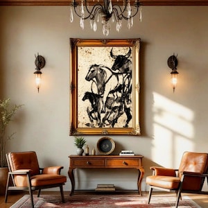 Western Wall Art | Horse Print | Longhorn Art | Black and White Abstract Art | Minimalist Western Decor | Rustic Home Decor