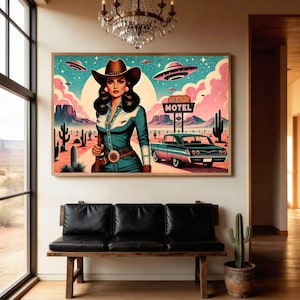 Eclectic Southwestern Decor, Pink Sci-Fi Cowgirl Desert Alien Wall Art, Vintage Retro Cowboy Art Boho Modern Home Art, Texas 1950s Print image 2