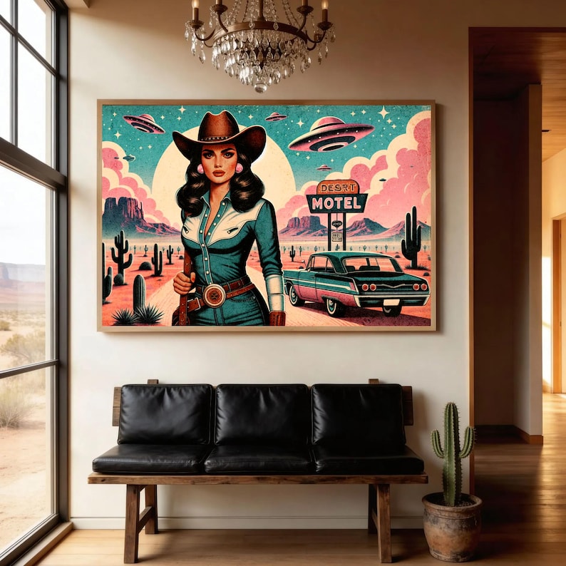 Eclectic Southwestern Decor, Pink Sci-Fi Cowgirl Desert Alien Wall Art, Vintage Retro Cowboy Art Boho Modern Home Art, Texas 1950s Print image 2