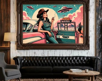 May include: A framed pop art print featuring a woman in a cowboy hat leaning against a pink and teal car. The scene includes UFOs, a desert landscape, and a motel sign that reads "Desert Motel". The artwork is in a vintage comic book style.