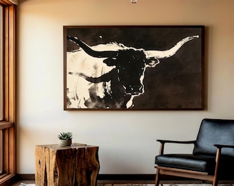 Black Longhorn Print | Vintage Western Wall Art | Minimalist Cow Ink Drawing | Rustic Farmhouse Decor | Texas Poster | Boho Ranch Gift