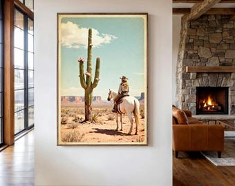 1950s Cowgirl Print | Vintage Postcard Western Wall Art | Retro Desert Cactus Poster | Mid Century Farmhouse Decor | Arizona Ranch Gift