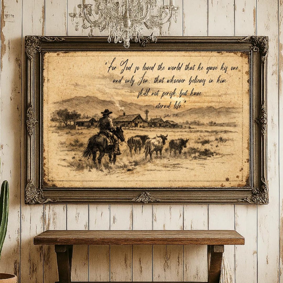 John 3:16 Western Wall Art Print | Cowboy Bible Verse Poster ...