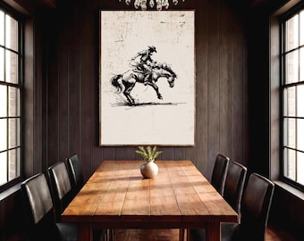 Bucking Bronco Farmhouse Wall Art - Western Cowboy Print - Rodeo Horse Illustration - Rustic Country Decor - Wild West Artwork Poster