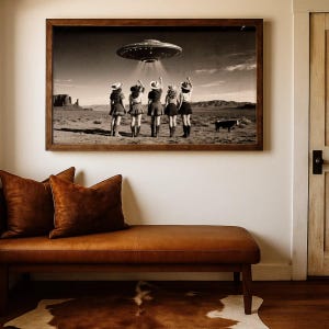 Vintage Cowgirl UFO Encounter Wall Art, Wild West Sci-Fi, Dark Academia Decor, Gothic Alien Illustration, Antique Style Home Art