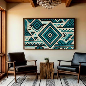 Abstract Tribal Art, Western Aztec Painting, Hand-Painted Geometric Wall Decor, Turquoise Teal Pattern Artwork for living room
