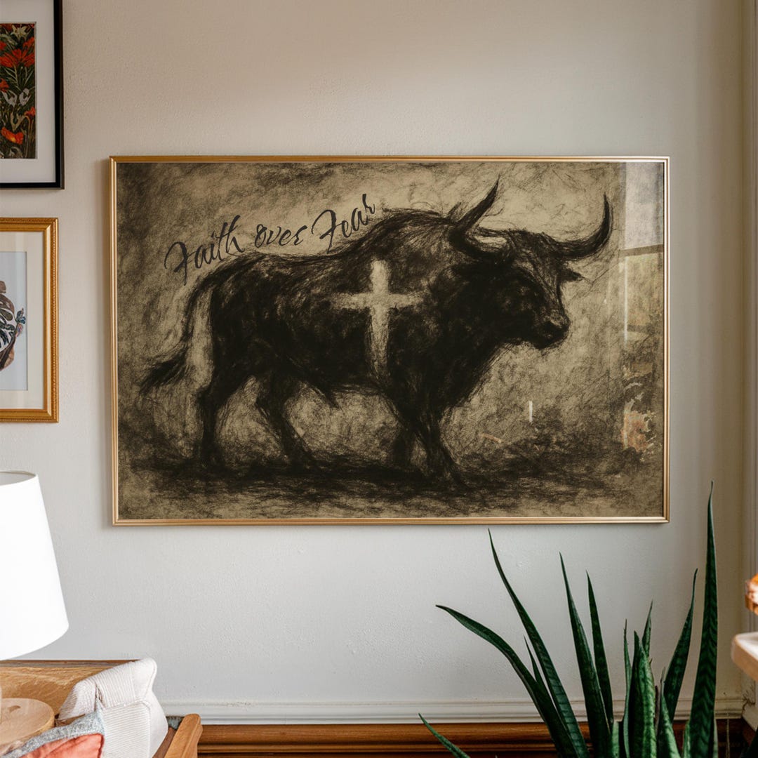 Bull Scripture Faith Over Fear Print, Christian Print, Scripture Illustration Wall Art ...