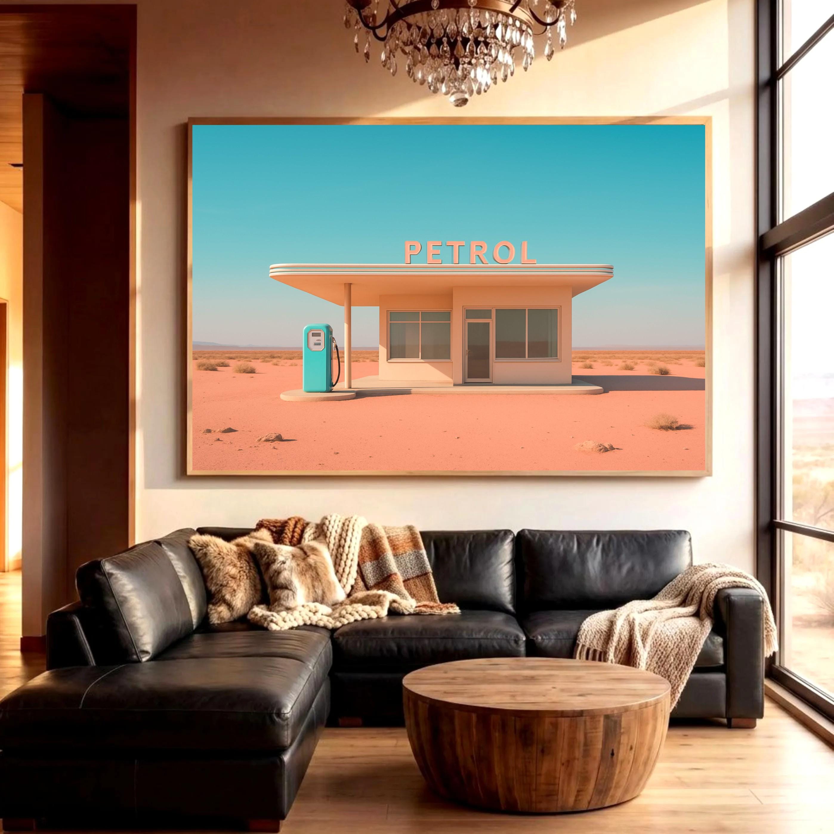Retro Gas Station Print, 1950s Surreal Wall Art, Vintage Pink