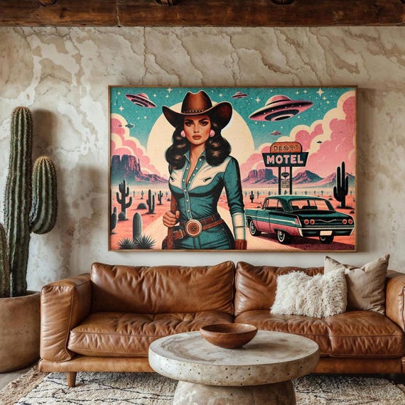 Eclectic Southwestern Decor, Pink Sci-Fi Cowgirl Desert Alien Wall Art, Vintage Retro Cowboy Art Boho  Modern Home Art, Texas 1950s Print