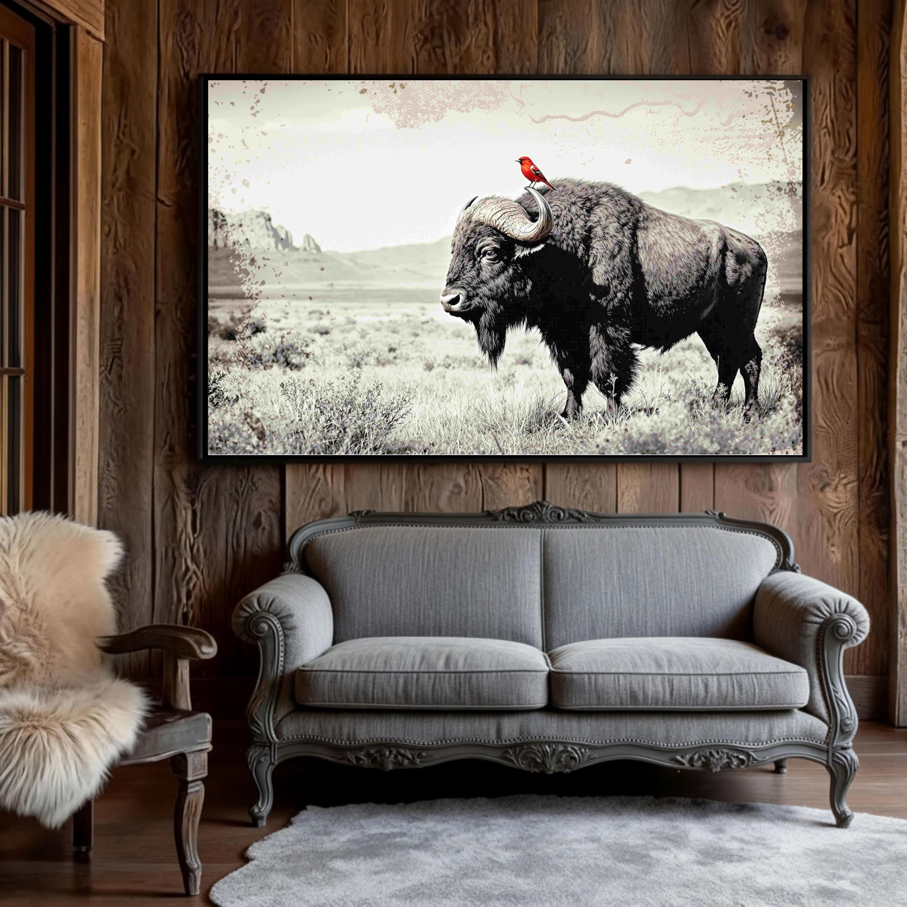 Vintage Bison Red Bird Large Print - Western Wall Art - Rustic