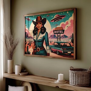 Eclectic Southwestern Decor, Pink Sci-Fi Cowgirl Desert Alien Wall Art, Vintage Retro Cowboy Art Boho Modern Home Art, Texas 1950s Print image 6
