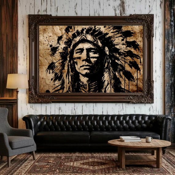 Native American Chief portrait poster, Tribal Wall Art, Boho Indigenous Print,  Vintage Rustic Art, Antique Ranch Decor, Unique western art