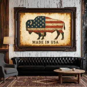 American Flag Bison Poster, Patriotic Buffalo Wall Art, USA Wildlife Decor, Rustic Americana Print, Man Cave Art, Western Home Decor Gift
