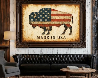 American Flag Bison Poster, Patriotic Buffalo Wall Art, USA Wildlife Decor, Rustic Americana Print, Man Cave Art, Western Home Decor Gift