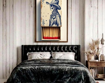 Skeleton Cowgirl Poster, Gothic Western Wall Art, Spooky Cowgirl Print, Dark West Decor, Witchy Cowgirl Art, Vintage Matchbox Style