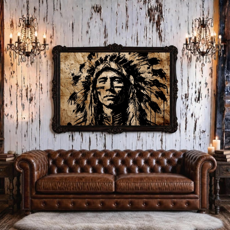 May include: A rectangular framed wall art piece featuring a black ink illustration of a person wearing a traditional feathered headdress, set against a textured tan background, displayed above a brown tufted leather sofa in a room with two chandeliers.